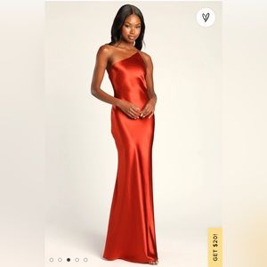 Forever Begins Now Rust Orange Satin One-Shoulder Maxi Dress
